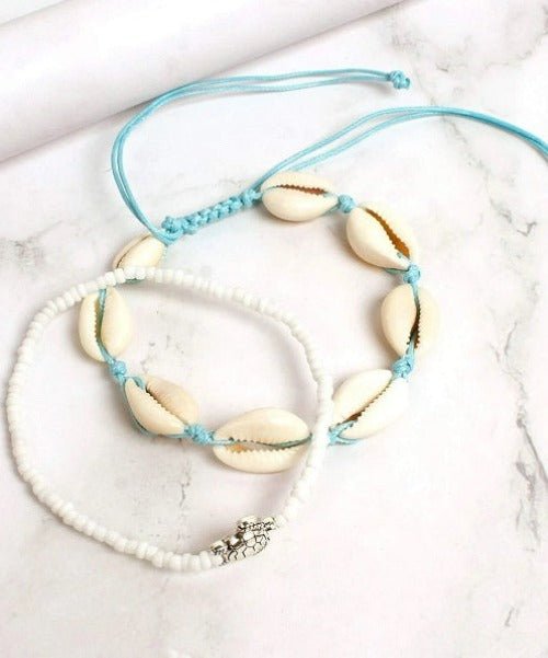 2PCS Boho Turquoise Shell Anklet with White Turtle Bead Ankle Bracelet | Fashion Hut Jewelry