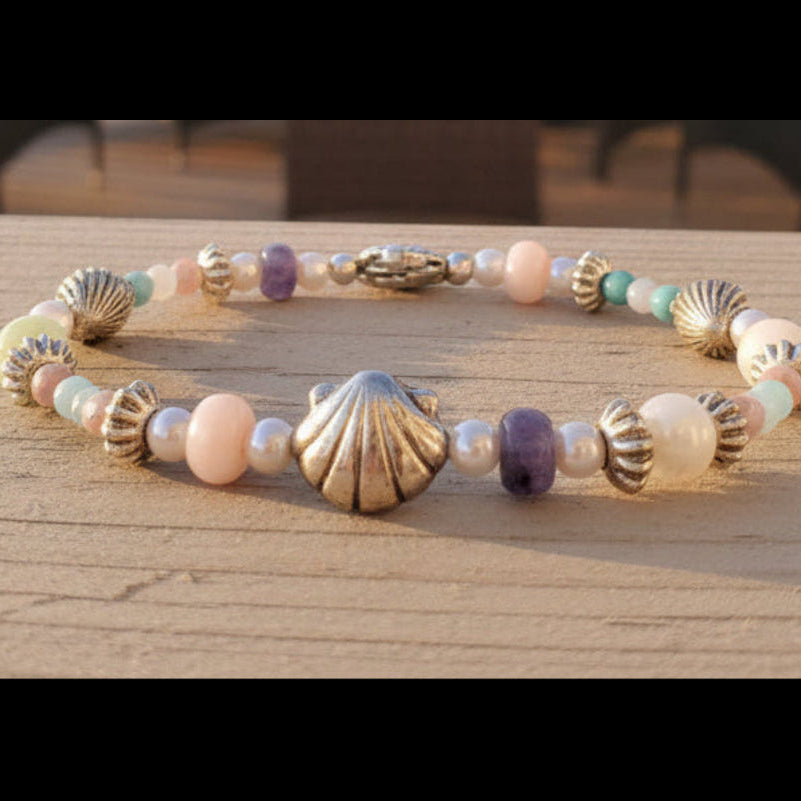 Shell Bracelet Summer Theme Multi Glass Bead Stretch Bracelet | Fashion Hut Jewelry