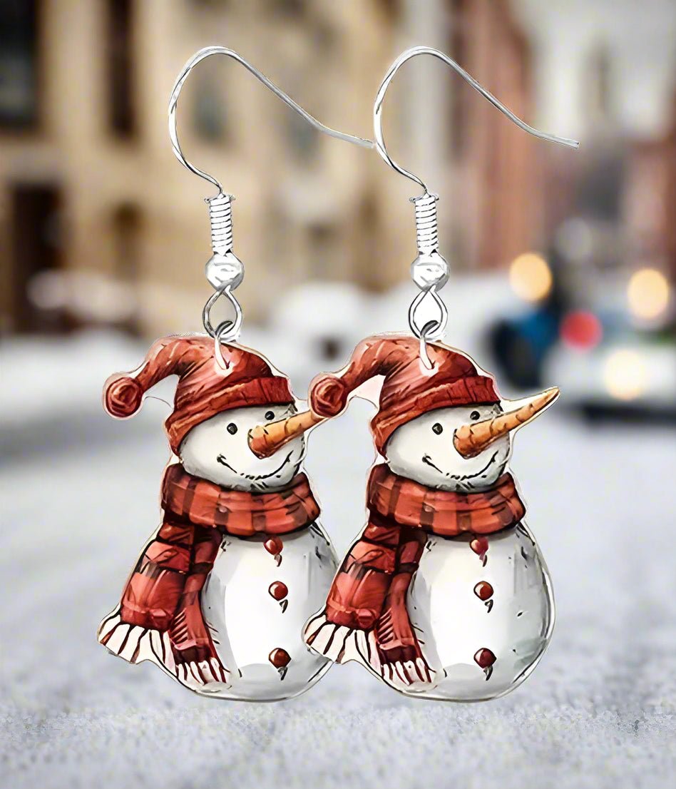 Snowman Christmas Earrings - Red Scarf Fashion Hut Jewelry