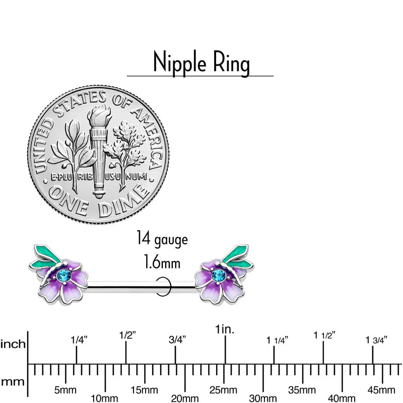14G 9/16 Blue Gem Faerie Flower Purple Barbell Nipple Ring Set
