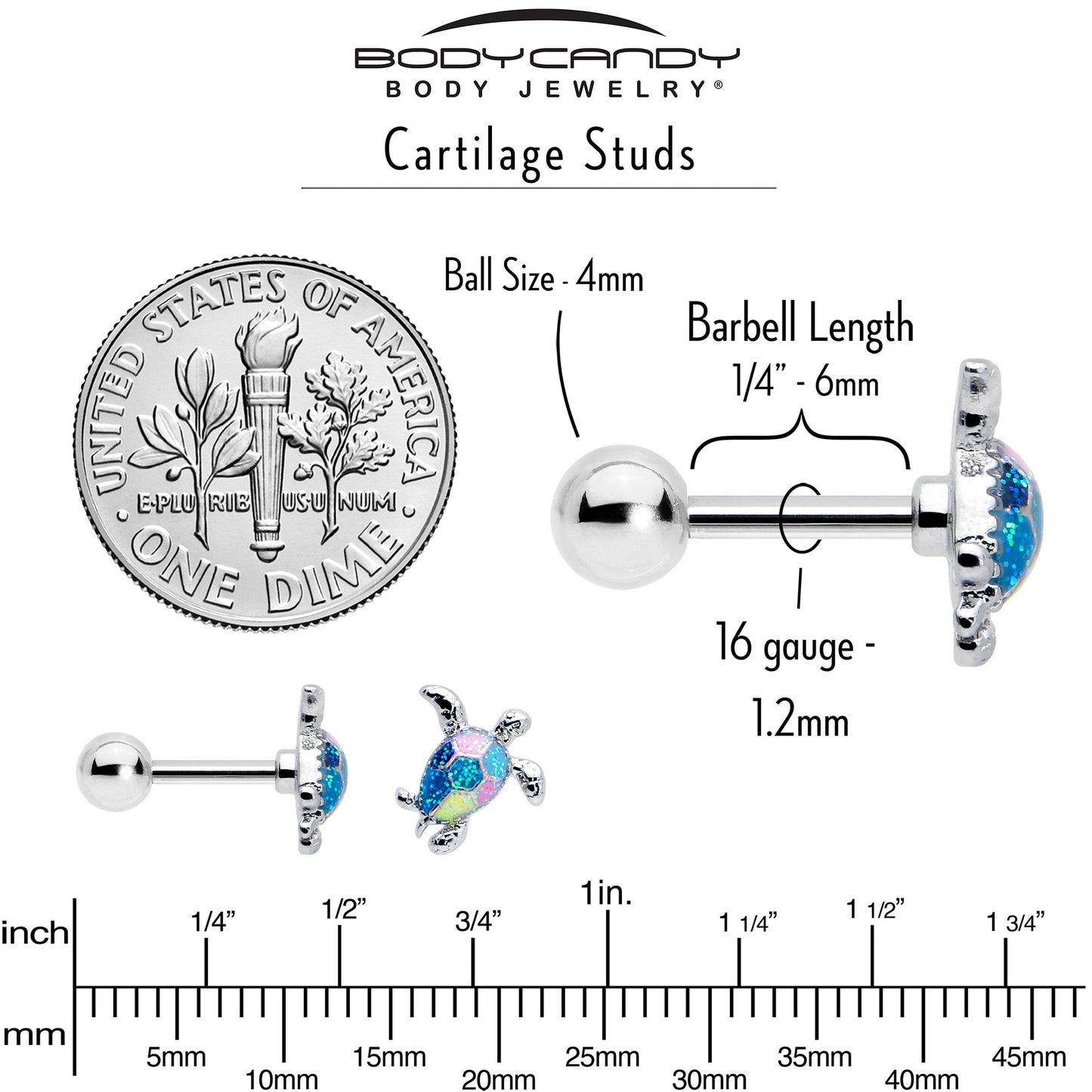 16G 1/4 Glitter Turtle Cartilage Tragus Earring