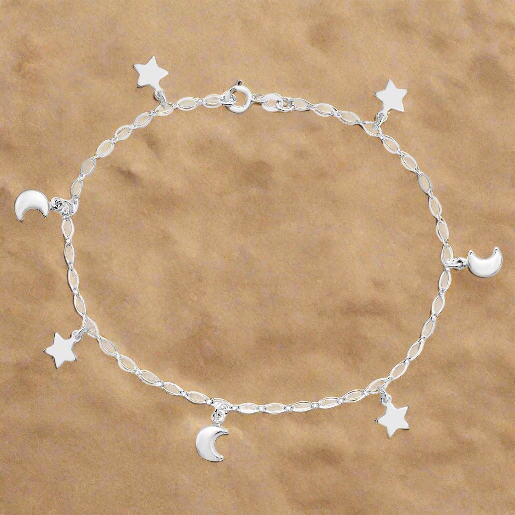Sterling Silver Star & Moon Charm Anklet Fashion Hut Jewelry