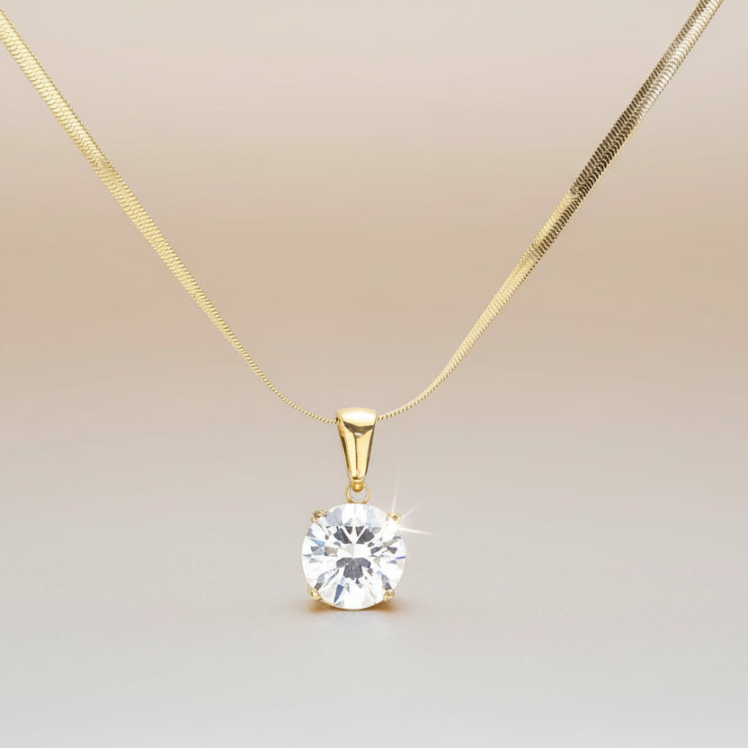 18K Gold Dipped Stainless Steel CZ Round Pendant Necklace