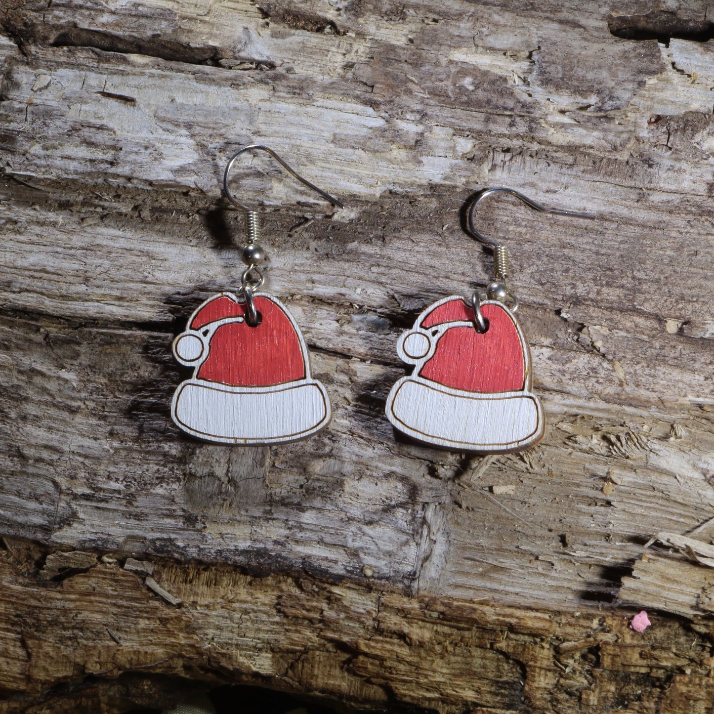Santa Hat Wooden Dangle Earrings | Christmas Holiday Jewelry
