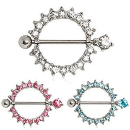 Surgical Steel Nipple Bar Ring Set – Opal & Zircon Shield – 14G 16mm – Pair