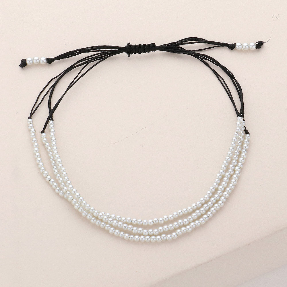 Seed Pearl Beaded Triple Layered Cinch Pull Tie Bracelet