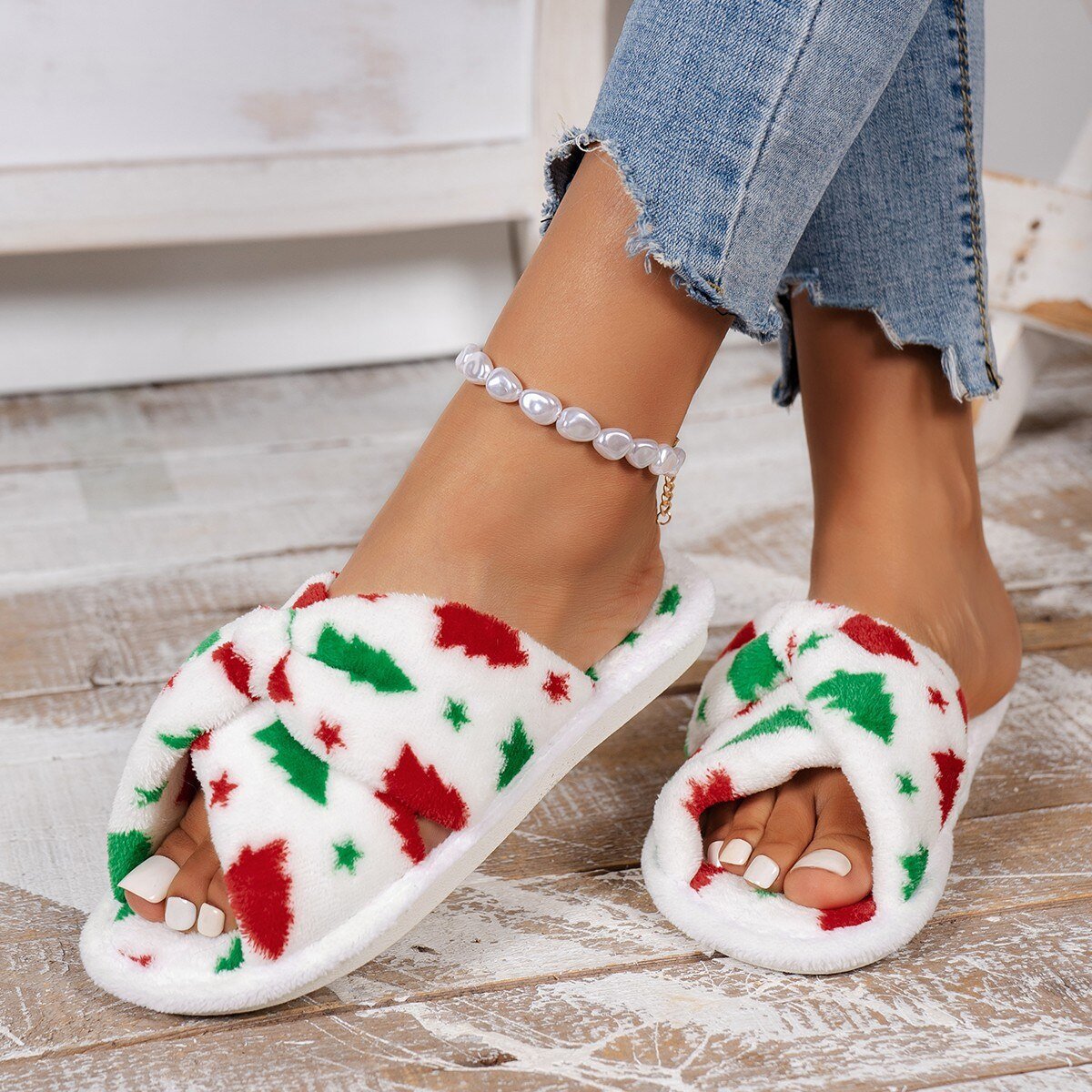 Christmas Tree Pattern Furry Bedroom Slippers Fashion Hut Jewelry