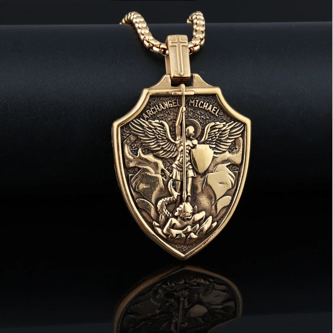 Archangel St.Michael Shield Amulet Stainless Steel Men's Necklace Pendant Chain