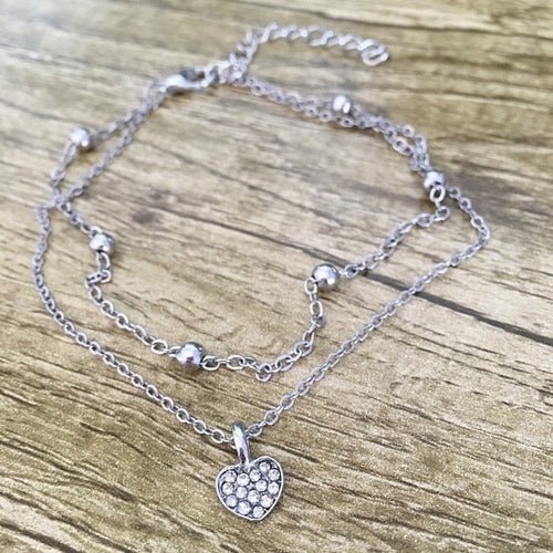 Double Silver Ankle Chain Heart Ankle Bracelet