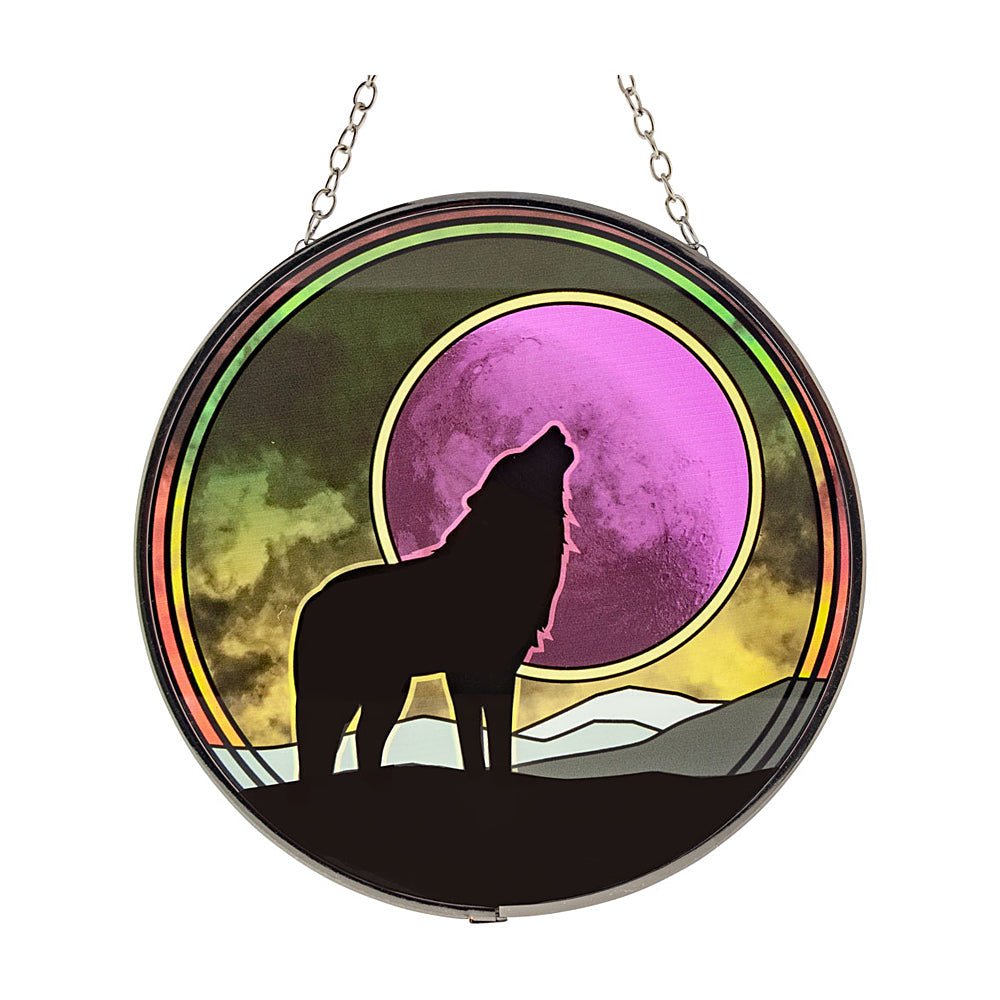 Wolf & Moon Glass Suncatcher - 6" Stained Glass Howling Wolf