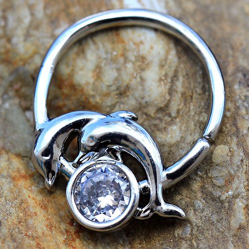 316L Stainless Steel Dolphins and Moon Seamless Ring / Cartilage Earring Fashion Hut Jewelry