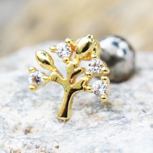 Yellow Gold Sparkling Tree of Life Cartilage Earring Fashion Hut Jewelry