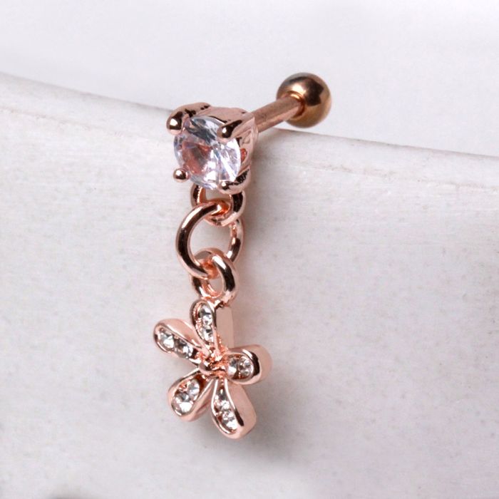 Rose Gold Plated Cartilage Earring with Flower Dangle Fashion Hut Jewelry
