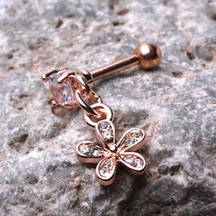 Rose Gold Plated Cartilage Earring with Flower Dangle Fashion Hut Jewelry