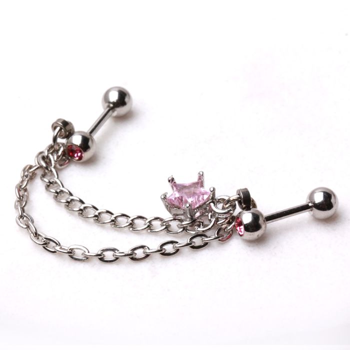 Silver CZ Star Cartilage Earring - Pink - Fashion Hut Jewelry