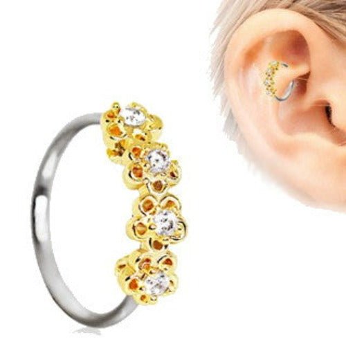 316L Stainless Steel Golden Flowers Seamless Circular Ring / Daith Cartilage Earring - Fashion Hut Jewelry