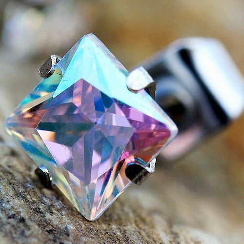 Pair of 316L Stainless Steel Aurora Borealis Princess Cut CZ Stud Earrings | Fashion Hut Jewelry