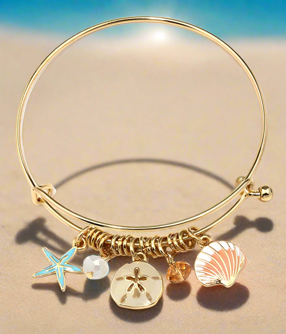 Starfish and Sand Dollar Charm Wire Bangle Bracelet Fashion Hut Jewelry