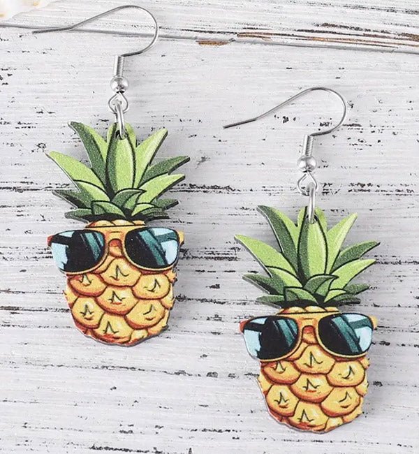 Pineapple Wearing Sunglasses Wooden Earrings Fashion Hut Jewelry