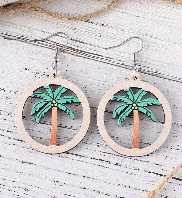 Palm Tree Wooden Dangle Hoop Earrings Fashion Hut Jewelry