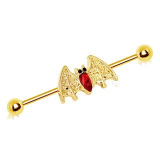 Gold Plated Industrial Barbell with Golden Blood Bat | Fashion Hut Jewelry