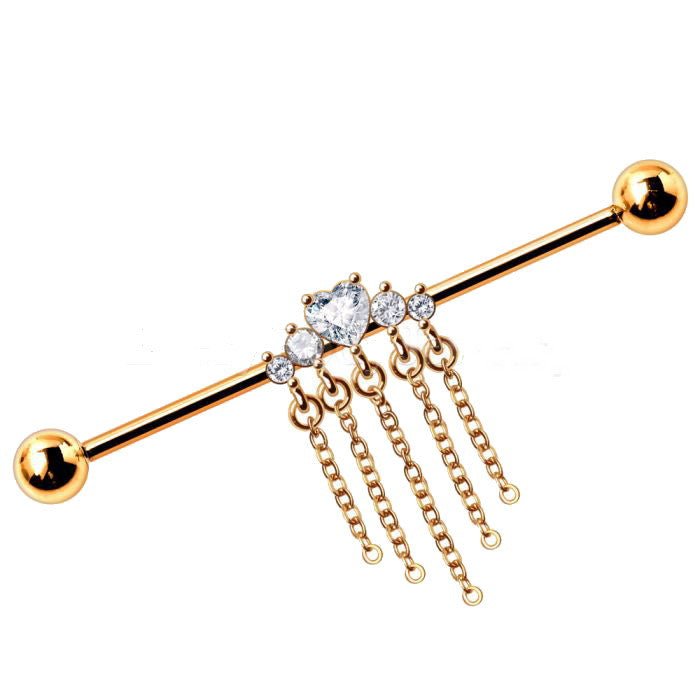 Gold Plated Jewel Accents and Dangling Chains Industrial Barbell Fashion Hut Jewelry