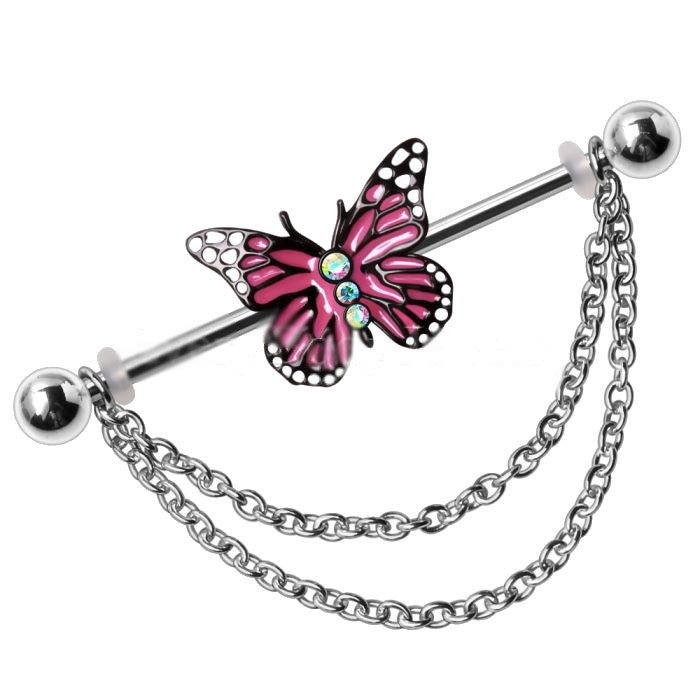 316L Stainless Steel Double Chained Pink Butterfly Industrial Barbell Fashion Hut Jewelry