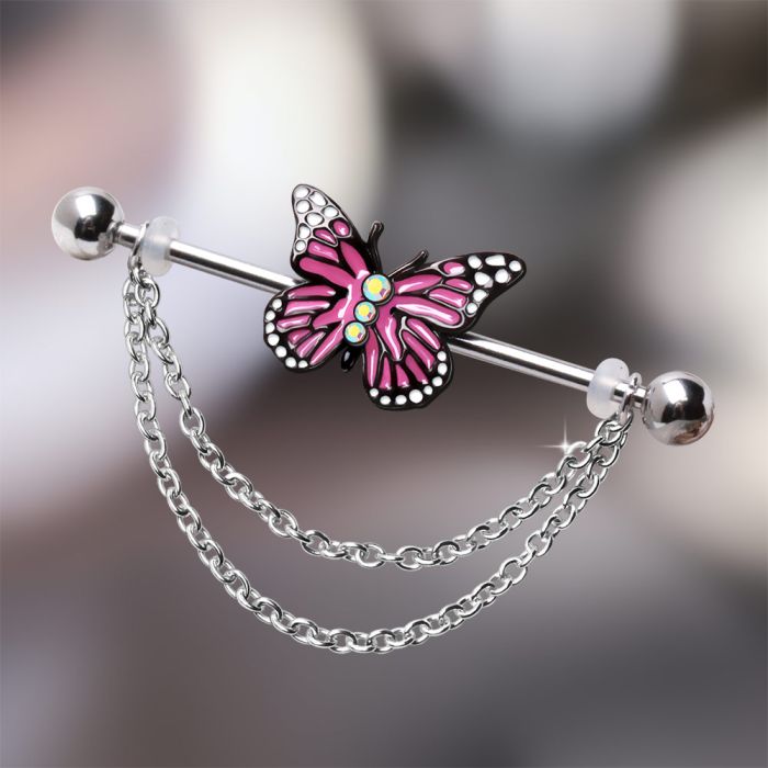 316L Stainless Steel Double Chained Pink Butterfly Industrial Barbell Fashion Hut Jewelry