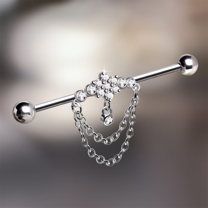 316L Stainless Steel Double Chained Jeweled Tiara Industrial Barbell Fashion Hut Jewelry