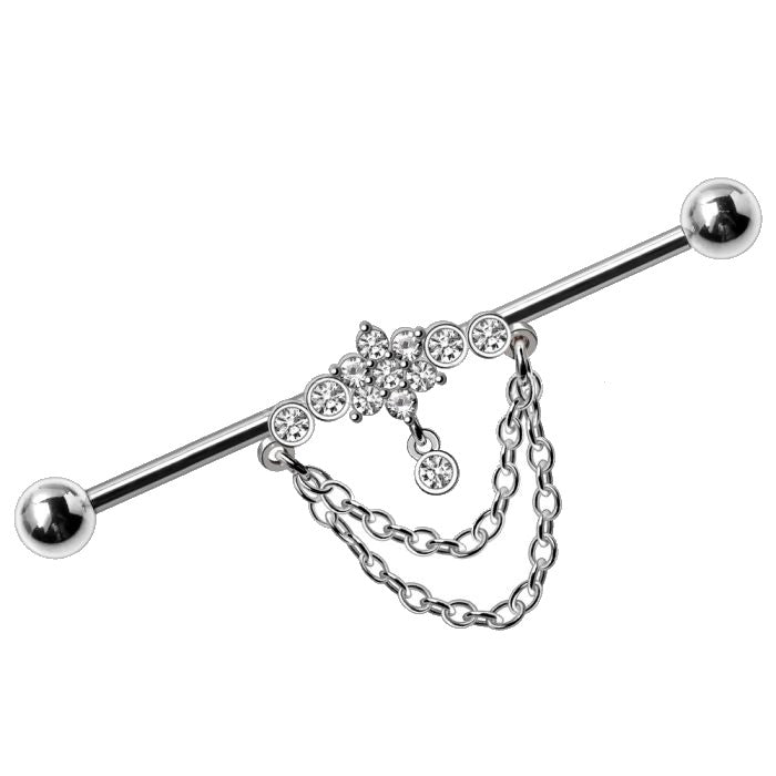 316L Stainless Steel Double Chained Jeweled Tiara Industrial Barbell Fashion Hut Jewelry