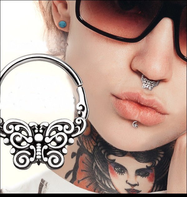 316L Stainless Steel Ornate Butterfly Seamless Ring / Septum Ring | Fashion Hut Jewelry