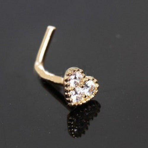 14Kt Yellow Gold Clear CZ Heart L Bend Nose Ring - Fashion Hut Jewelry