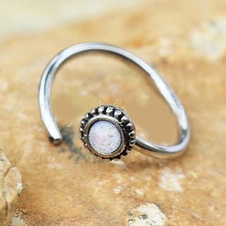 316L Stainless Steel White Synthetic Opal Ornate Cartilage Hoop Earring Fashion Hut Jewelry