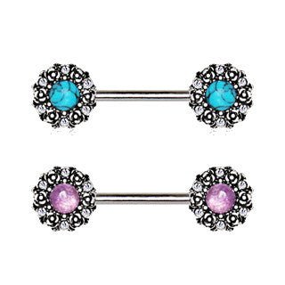 316L Stainless Steel Medieval Rose Nipple Bar Set with Stone Inlay | Fashion Hut Jewelry