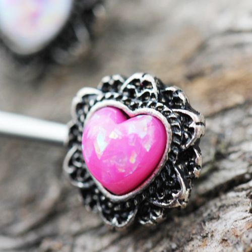 316L Stainless Steel Filigree Synthetic Opal Heart Nipple Bars