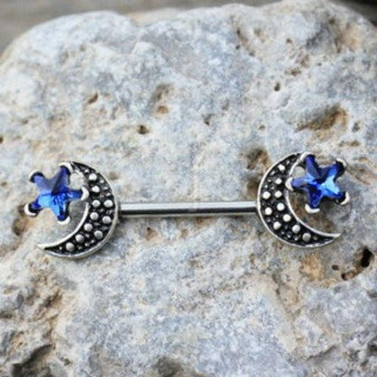 316L Stainless Steel Moon and Blue Star Nipple Bar - Fashion Hut Jewelry
