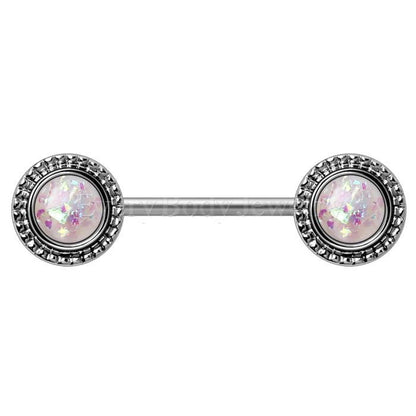 316L Stainless Steel Ornate White Synthetic Opal Nipple Bar | Fashion Hut Jewelry