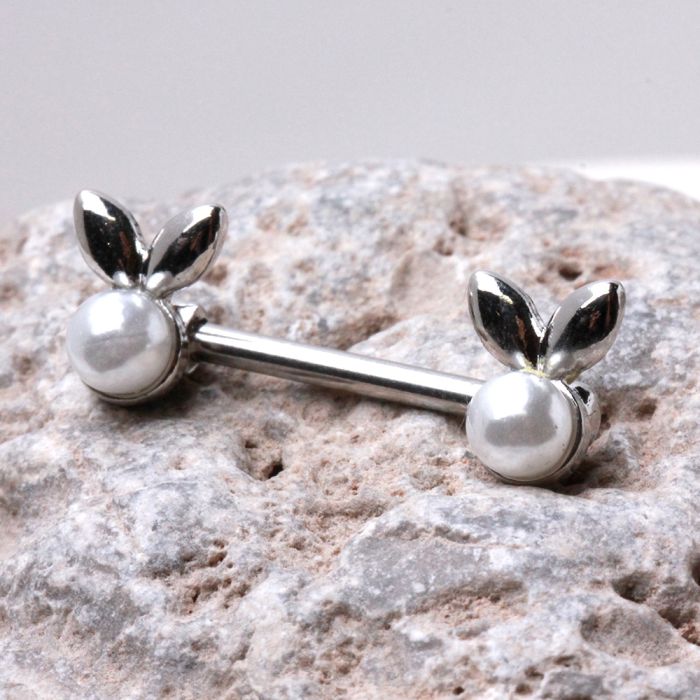 316L Stainless Steel White Faux Pearl Bunny Nipple Bar Fashion Hut Jewelry