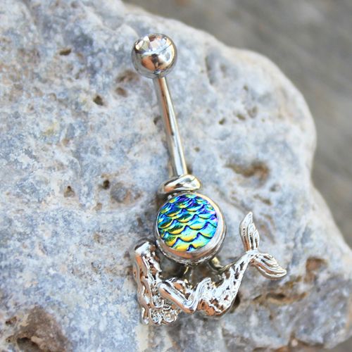 316L Stainless Steel 2-in-1 Fish Scale Cabochon Mermaid Navel Ring Fashion Hut Jewelry