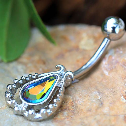 316L Stainless Steel Teardrop Vitrail Medium Flower Navel Ring Fashion Hut Jewelry