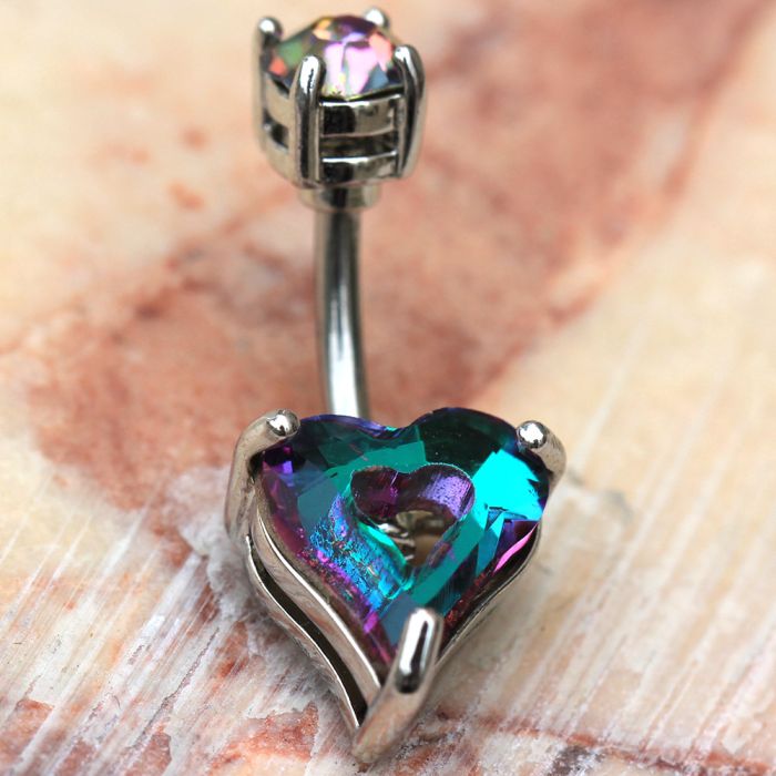 316L Stainless Steel Rainbow Hollow Heart CZ Navel Ring Fashion Hut Jewelry