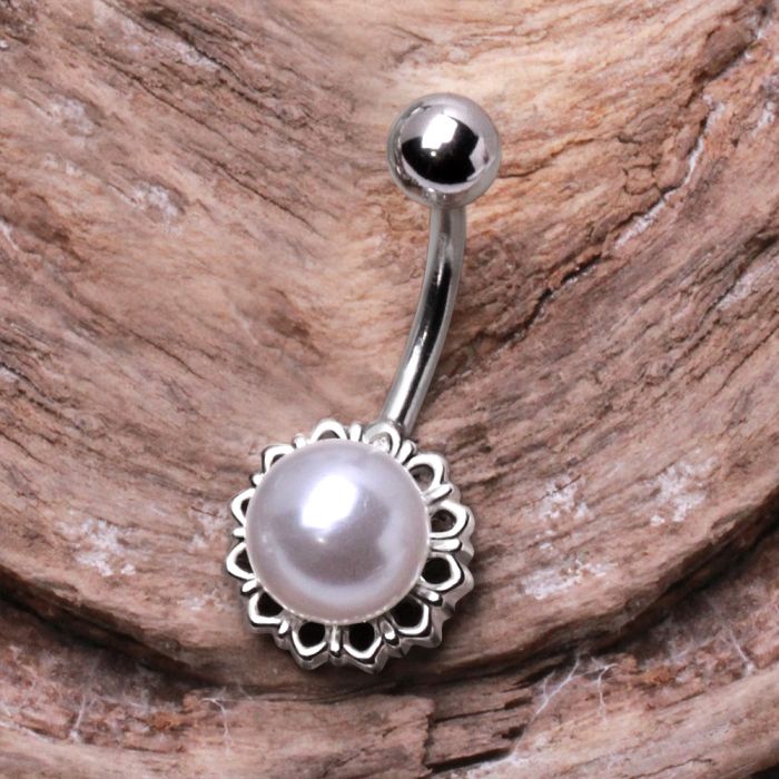 316L Stainless Steel White Faux Pearl Navel Ring Fashion Hut Jewelry