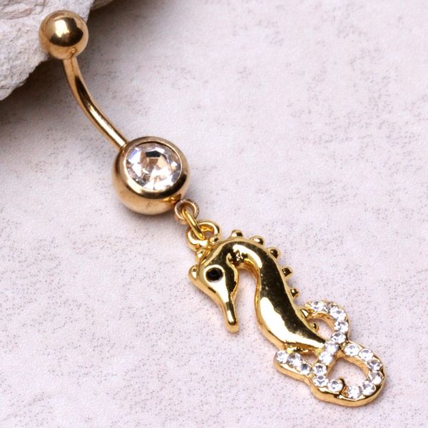 Gold Plated Gemmed Sea Horse Dangle Navel Ring