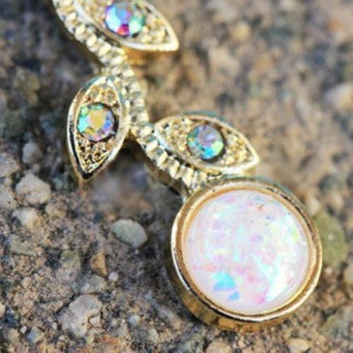Gold Synthetic Opal Flower Vine Dangle Navel Ring | Fashion Hut Jewelry