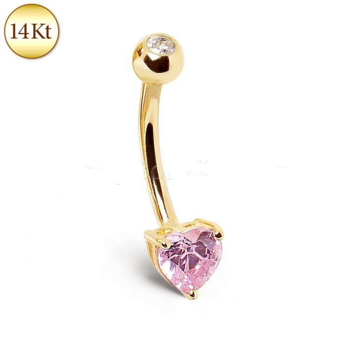 14Kt Gold Navel Ring with Prong Set Heart CZ Fashion Hut Jewelry