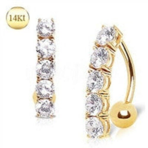 14Kt Yellow Gold Navel Ring with Top Down 5 Round Gems | Fashion Hut Jewelry