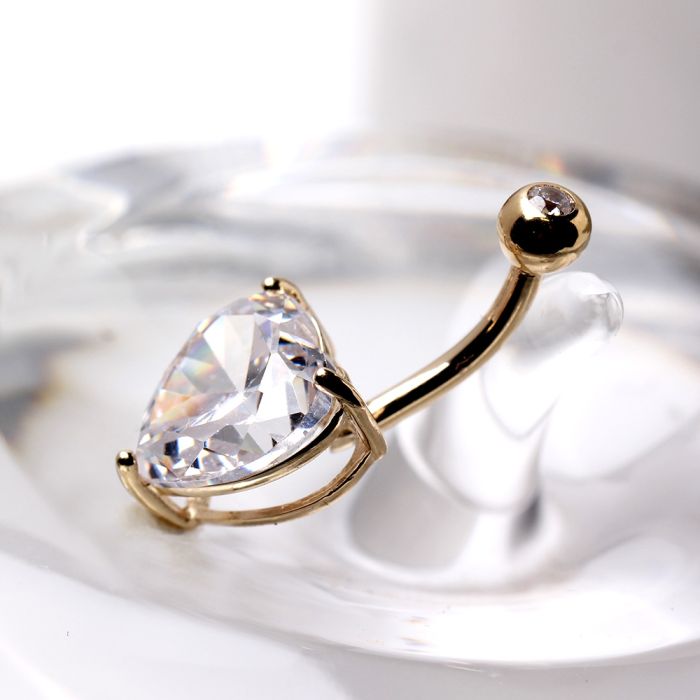 14Kt Yellow Gold Navel Ring with Large Clear Heart Prong Set CZ