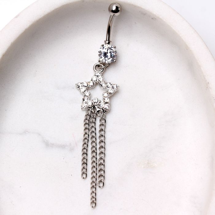Navel Ring with Gemmed Star and Chains Dangle Fashion Hut Jewelry