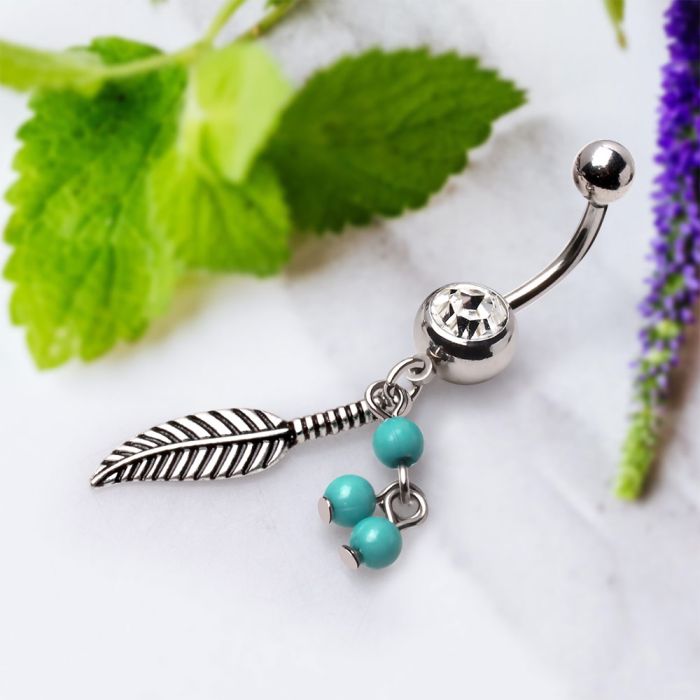 316L Surgical Steel Navel Ring with Feather and Bead Dangle Fashion Hut Jewelry