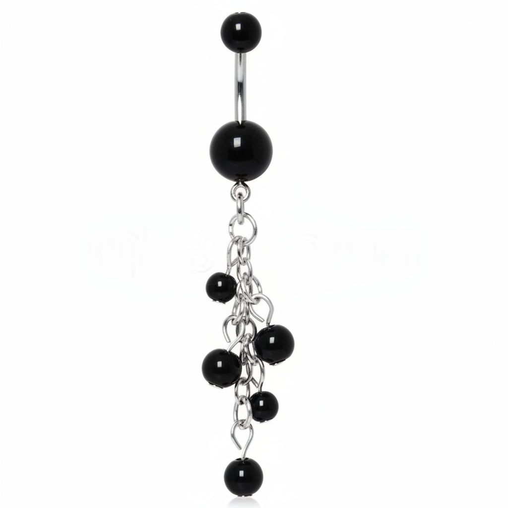 316L Surgical Steel Black Acrylic Navel Ring with Beaded Chain Cascade - Fashion Hut Jewelry